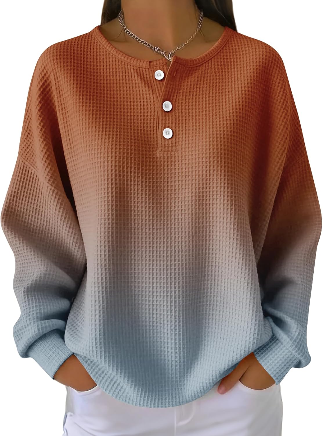 Women's Ombre Waffle Knit Sweater V-Neck Long Sleeve Pullover Gradient Color Fade Loose Fit Casual Top