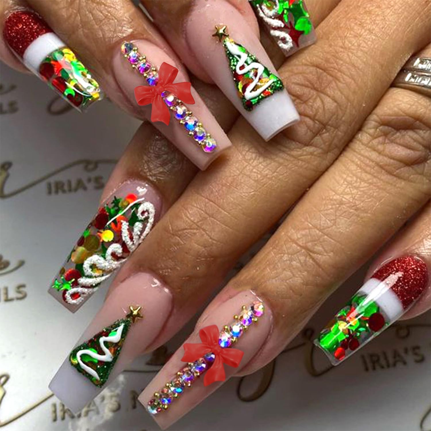 Vopintpy Christmas Press on Nails Long Square Fake Nails 3D Bow Rhinestones Acrylic Nails with Christmas Tree Design Glossy Winter Xmas Glue on Nails