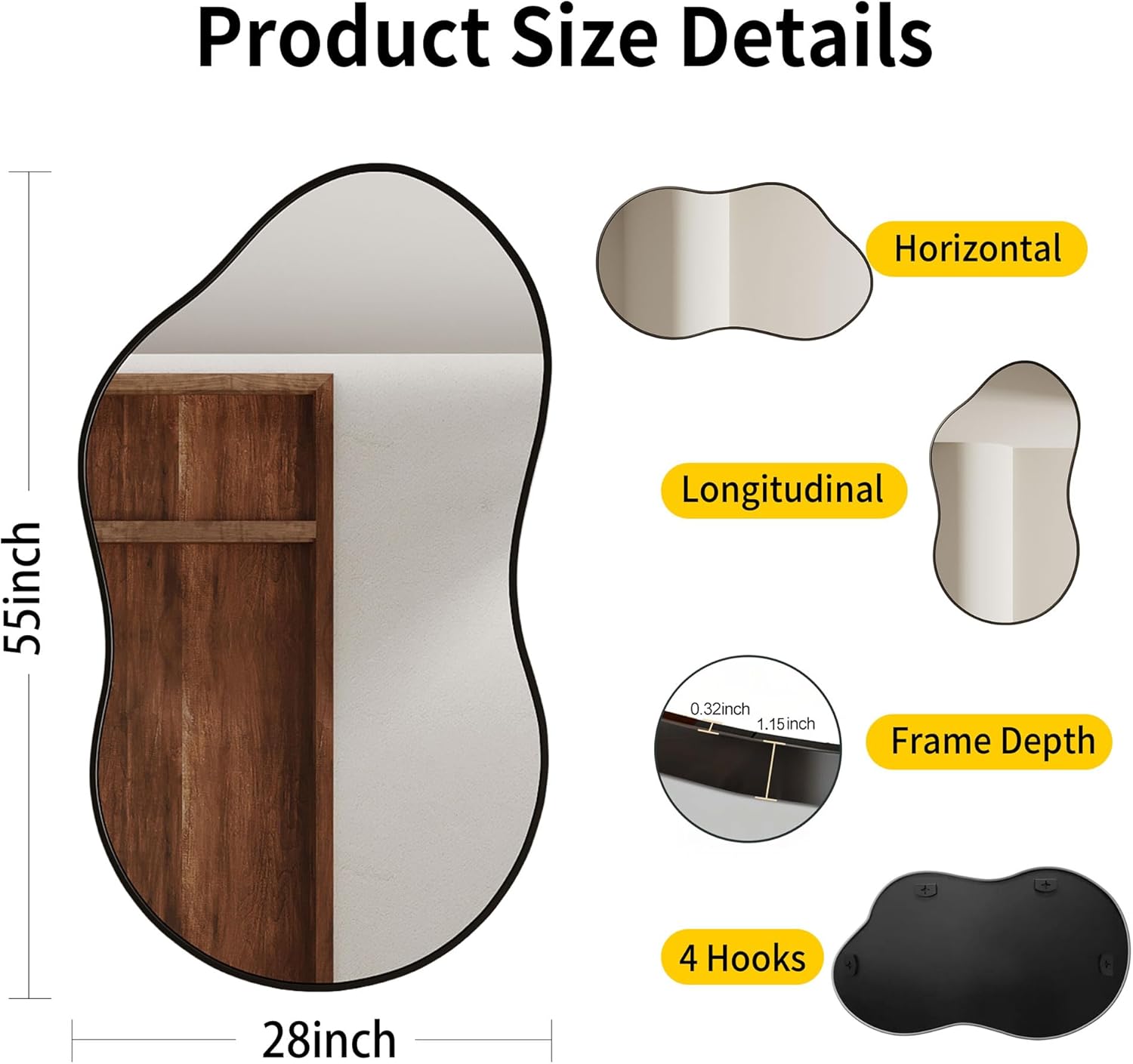 Irregular Wall Mirror - 28''×55'' Asymmetrical Decorative Tempered Glass Aluminum Alloy Framed Mirrors Cloud Mirror Wavy Mirrors for Bathroom, Bedroom, Living Room, Entryway?Black? Black 55"L x 28"W