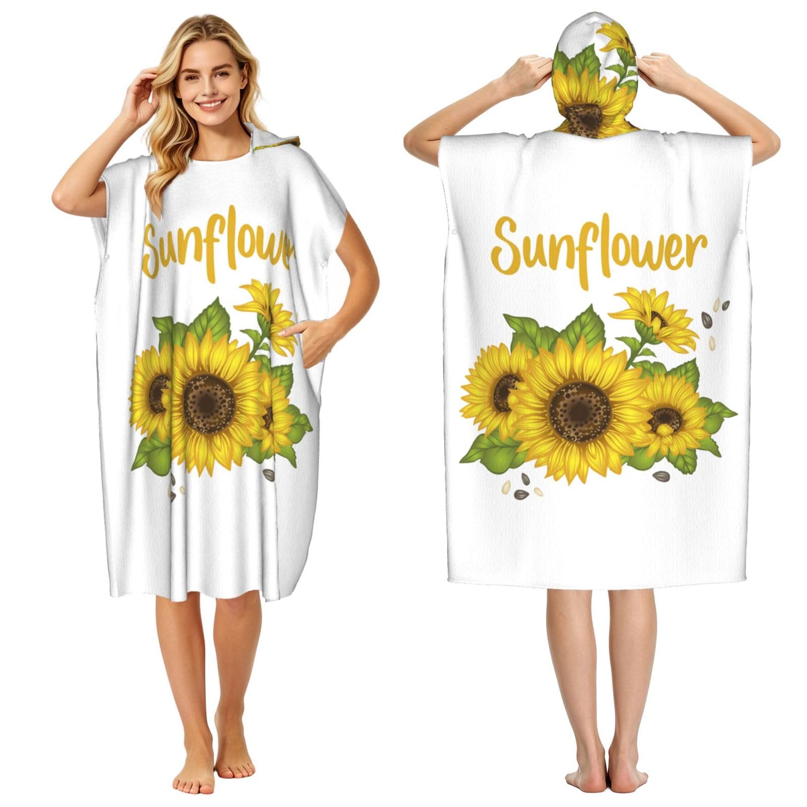 Sunflower, Adult Hooded Beach Towel 90 x 110 cm,Changing Bath Robe, Surf Poncho Towel For Women Men