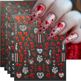 Valentine's Day Nail Art Stickers - Laser Red White Heart Nail Decals, Self-Adhesive Sexy Kiss Heart for DIY 3D Nail Supplies Decoration (6 Sheets)