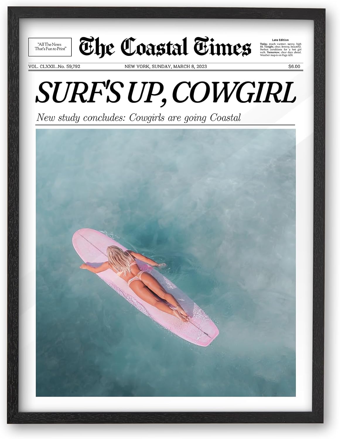 ihery premium 12x16in natural black oak wood coastal trendy cowgirl framed wall art, retro newspaper canvas wall decor for girly dorm surfer up vintage bar cart bedroom living room 1pack black framed-coastal surfer cowgirl 16"l x 12"w