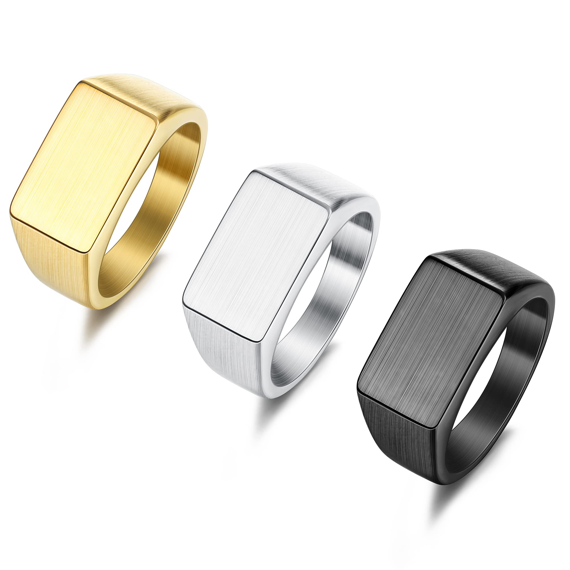 Kakonia 3 PCS de acero inoxidable Signet Anillos para Hombres Mujeres Sólido Pulido Biker Mens Anillos Oro Plata Cuadrado Banda Declaración Anillos Set Regalo para Padre Marido Tamaño 6-12