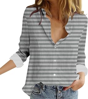 Ladies Long Sleeve Tops Womens Casual Turn-Down Collar Oversized Button Down Shirt Lightweight V Neck Tops T Shirt Stripe Basic Blouses Tee Shirts for Women UK Workout Sports Gym Tops for Women UK