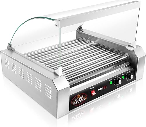 Miniatura 2 de Olde Midway - Máquina de cocción eléctrica para 30 perros calientes en 11 asadores giratorios de 1200 Watts con tapa de calidad comercial