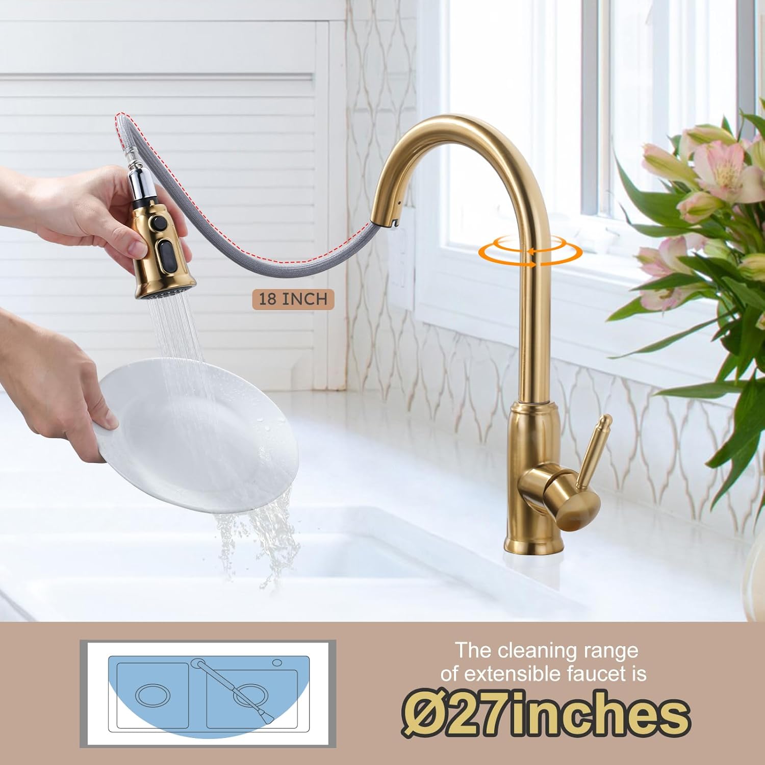 WOWOW Gold Kitchen Faucet with Sprayer - 304 Stainless Steel Kitchen Sink Faucet High Arc Pull Down Design for 1 or 3 Hole, Vintage Style - Image 3