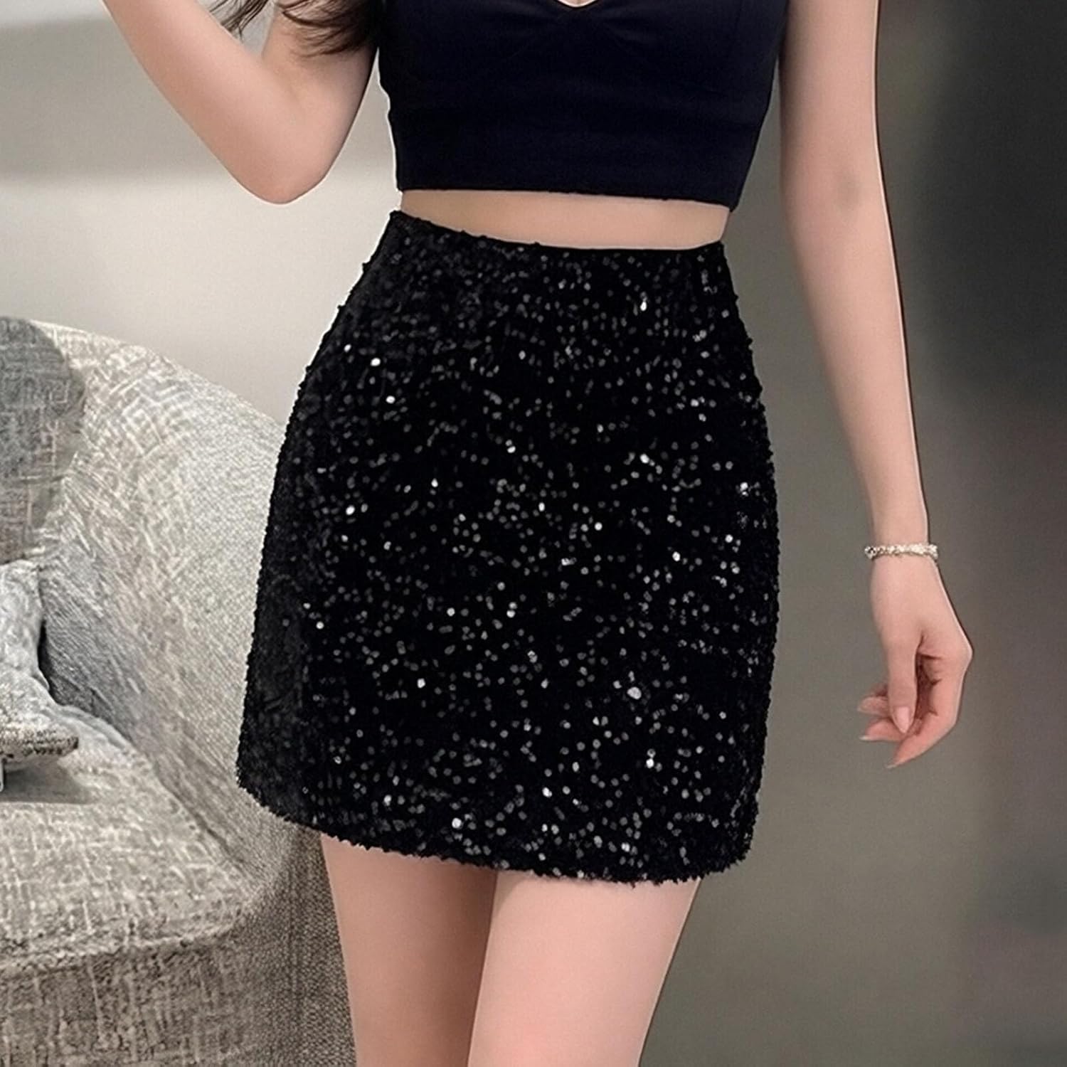 Women's Glitter Sequin Skirts Stretch Night Out Party Club Skirts Plus Size Casual Trendy Fashion Skirts Shiny Outfits