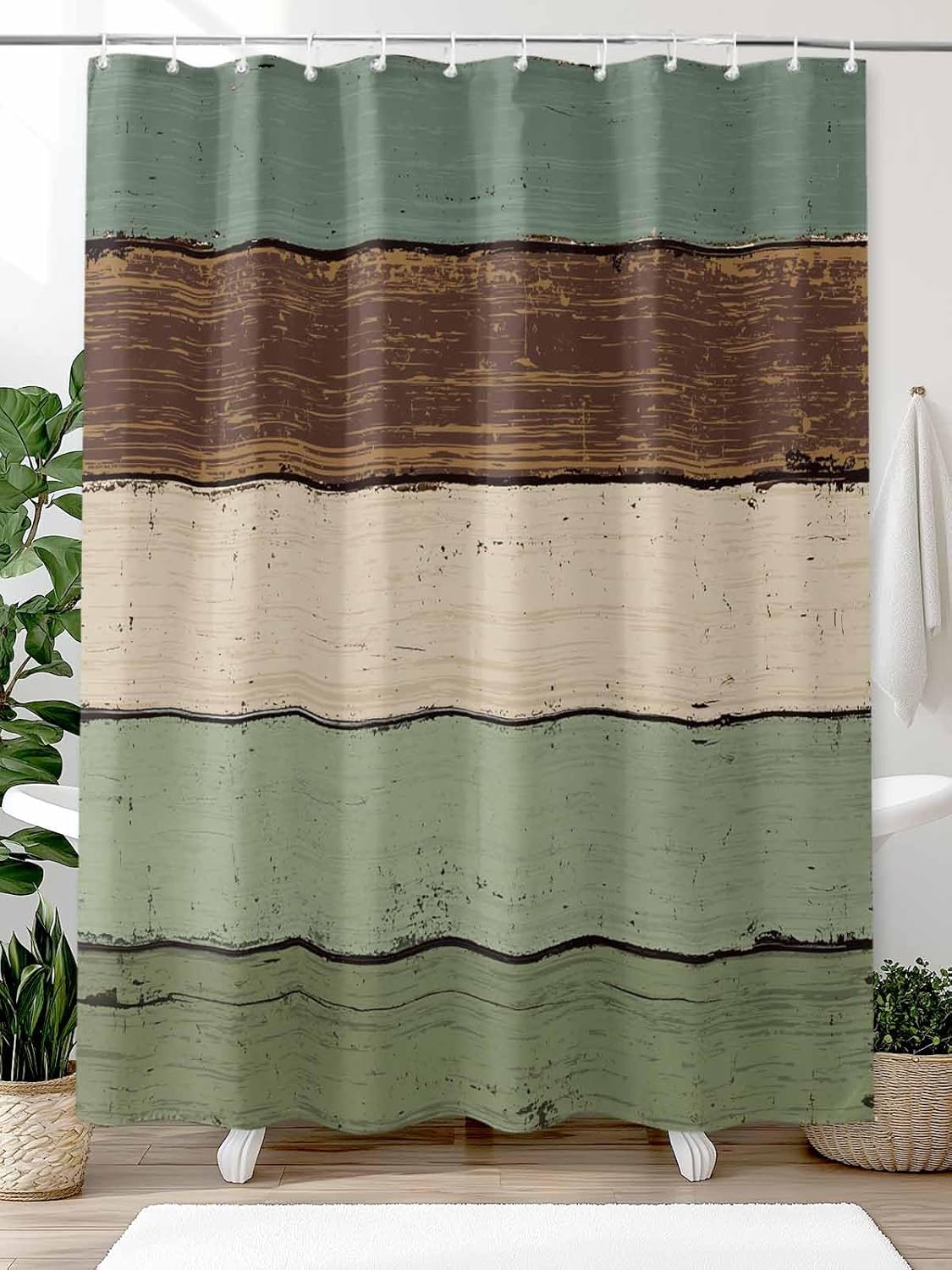 Shower Curtain, Vintage Sage Green Brown Wood Grain Farm Washable Shower Curtain with Hooks Bath Decor Fabric Shower Curtains for Bathroom, Hotel, Stalls, Bathtubs, 66x72 in