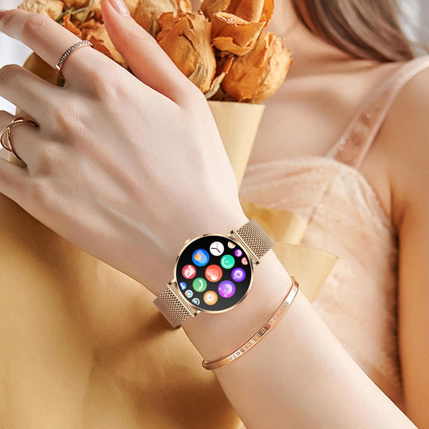 Woman wearing the gold T8Pro watch, displaying a screen with various app icons.