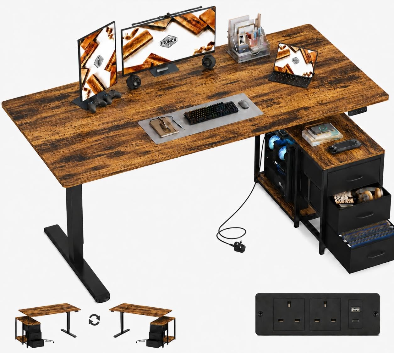 IRONCK Electric Standing Desk 180x80cm with Power Outlet & 3 Drawers,Brown