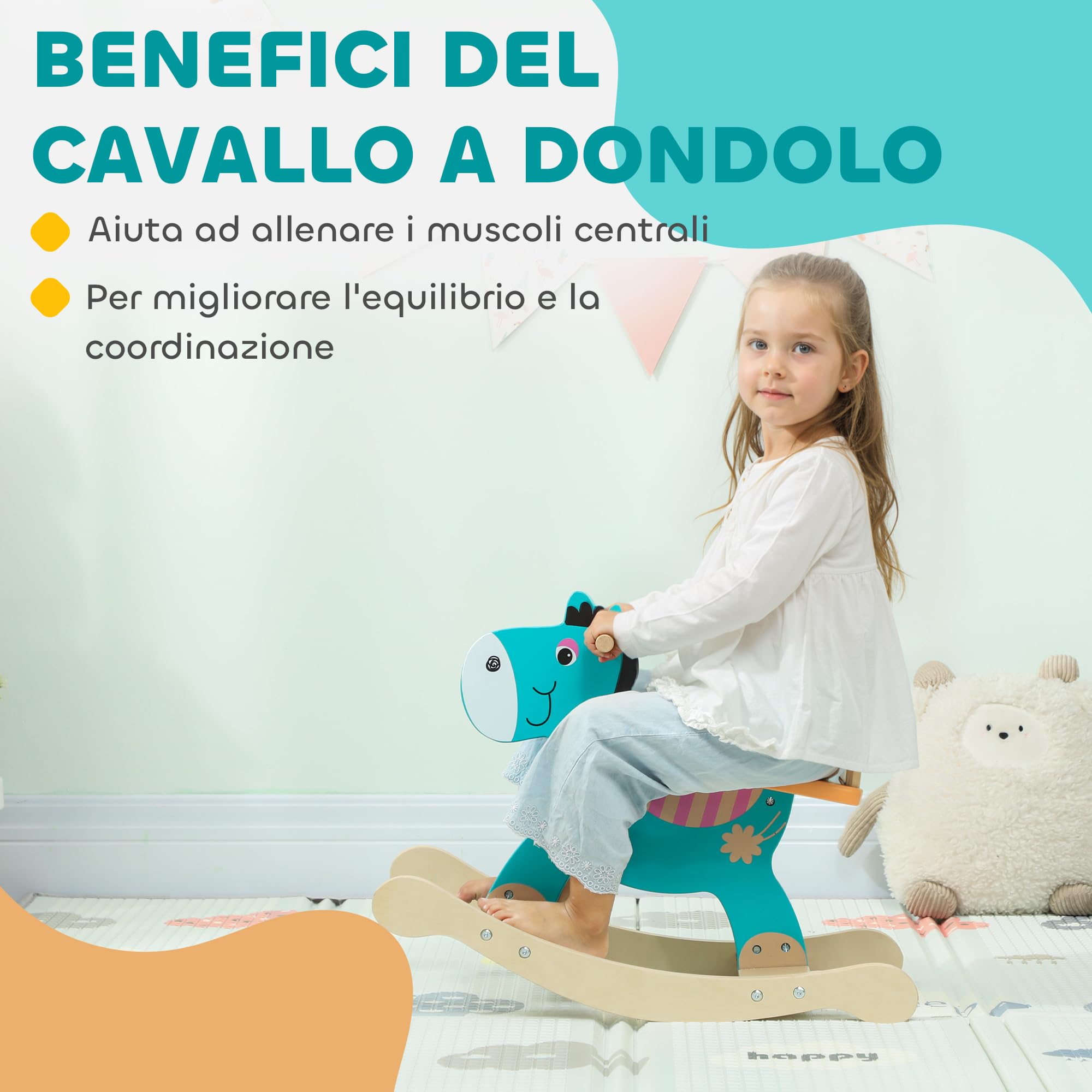AIYAPLAY Cavallo a Dondolo a Forma di Asino per Bambini 2-5 Anni con Base Larga, Cavallino a Dondolo in Legno compensato, 59x27x43 cm, Verde Scuro e Arancione