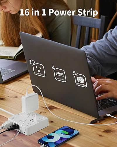 Miniatura 6 de Maxpw - Cable de extensión de enchufe plano de 5 pies con 12 salidas y 4 puertos USB, 2100 julios, montaje en pared, estación de carga de escritorio