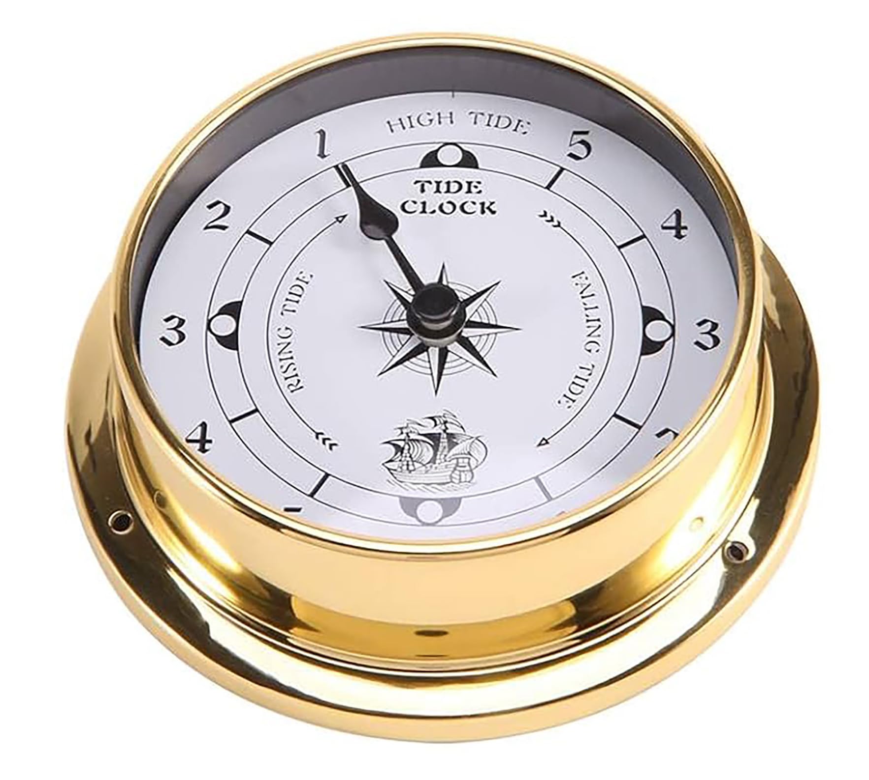 Valuegist Brass Nautical 4.5in Wall Clock, High Tide Low Tide Predictor, Silent, Copper, Round, Battery Powered, Weather Station, Nautical Accessory