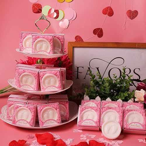 Miniatura 8 de AIXIANG Paquete de 24 jabones hechos a mano Pink Pitter Patter, regalos de baby shower envueltos individualmente con caja de regalo, pies de bebé