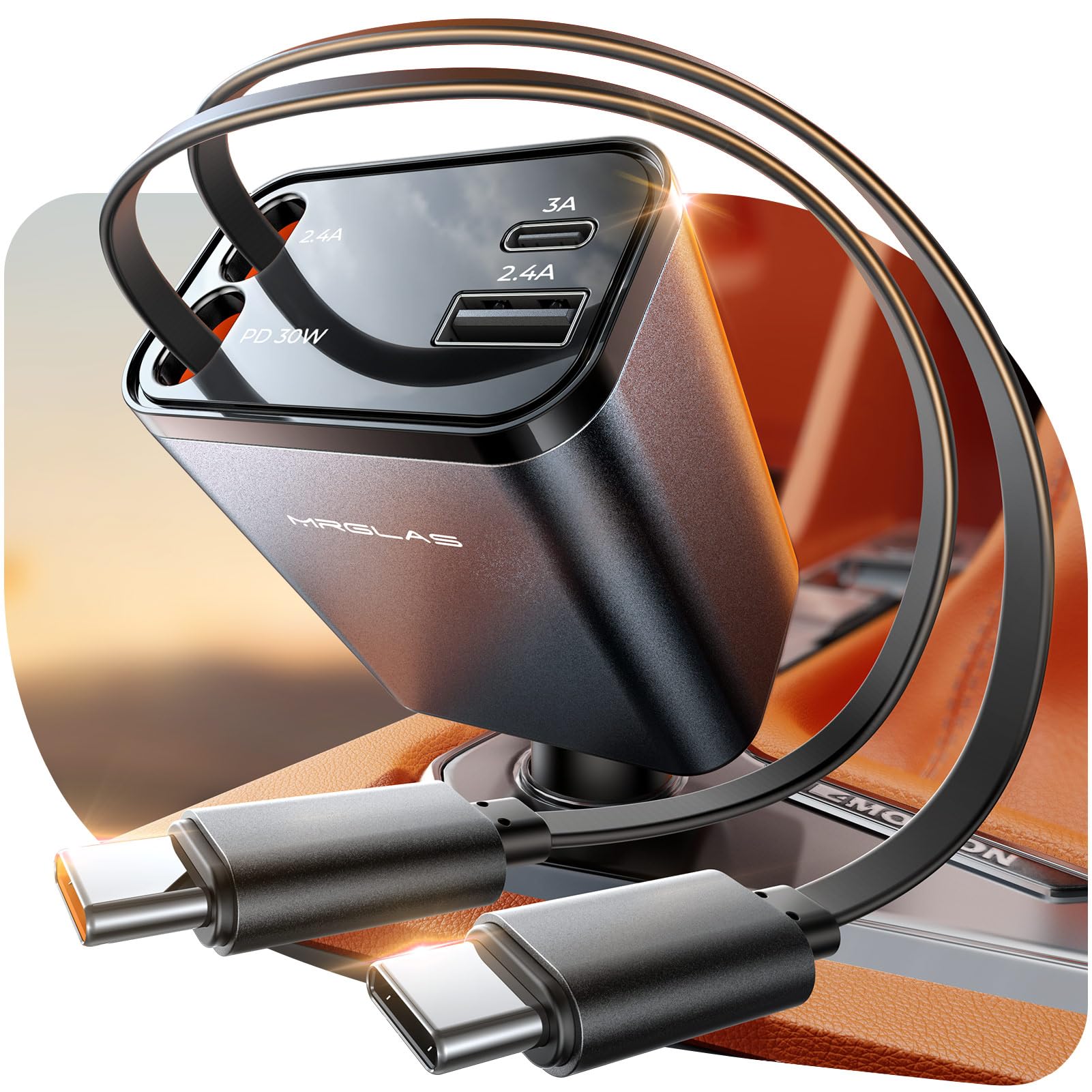 MRGLAS Retractable Car Charger USB C for iPhone with Dual Type C Cables, [Upgraded] 4 in 1 69W Fast USB C Car Adapter, Car Accessories Car Phone Charger for iPhone 16/15, iPad, Samsung Galaxy, Pixel