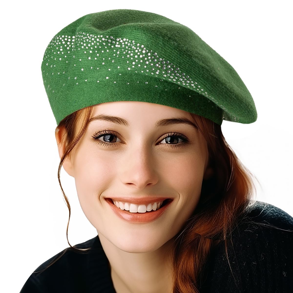 9519 2 Layers Wool Rhinestone Beret Green Hats For Women Barette Winter Knit Soft Wool Beret in Kelly Green – SVRN main image 2