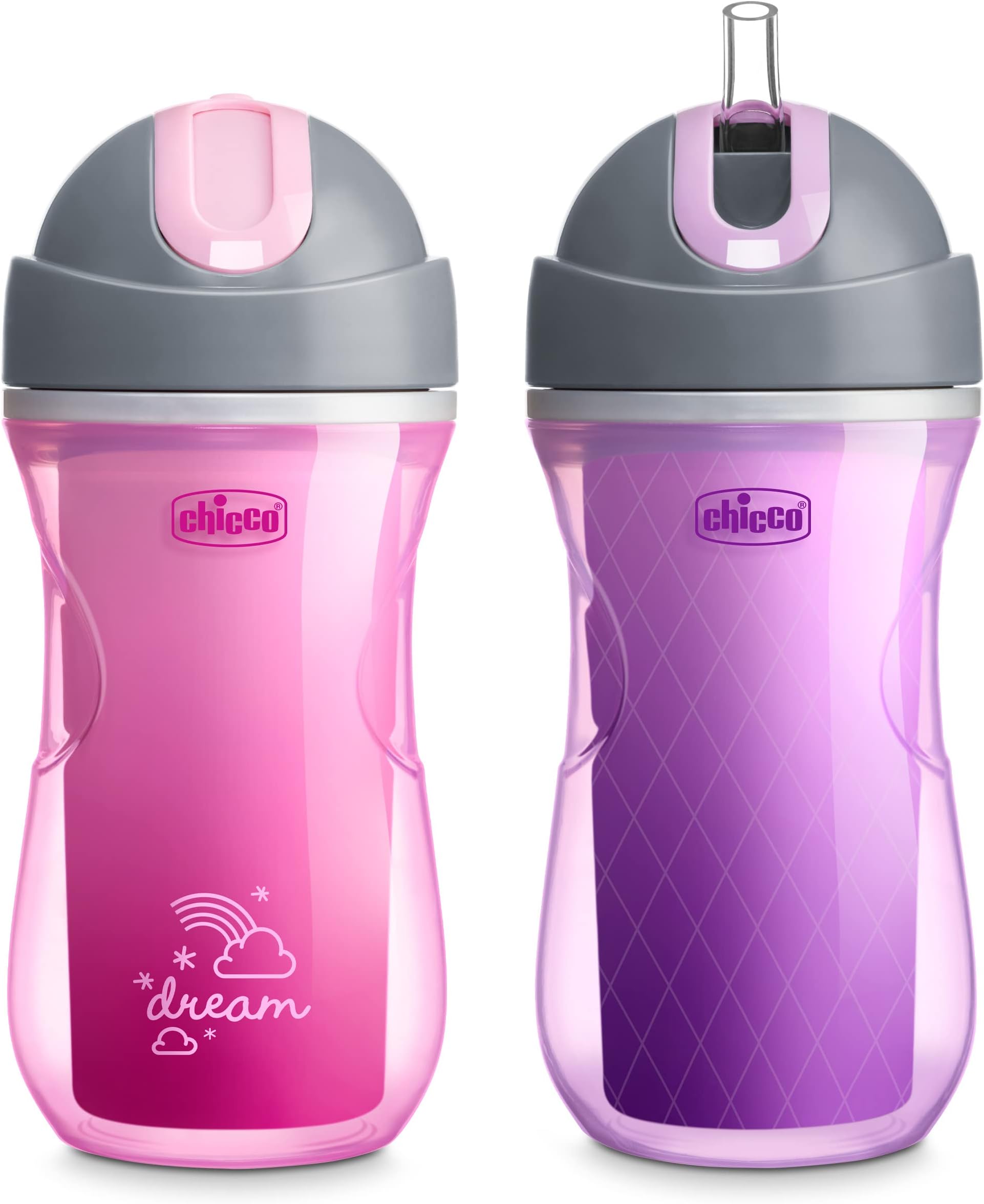 Chicco Double Wall Insulated Flip-Top Sippy Cup with Silicone Straw and Spill-Free Lid 9oz.| Top-Rack Dishwasher Safe | Easy to Hold with Ergonomic Indents | Dream Pink/Purple, 2pk | 12+ Months