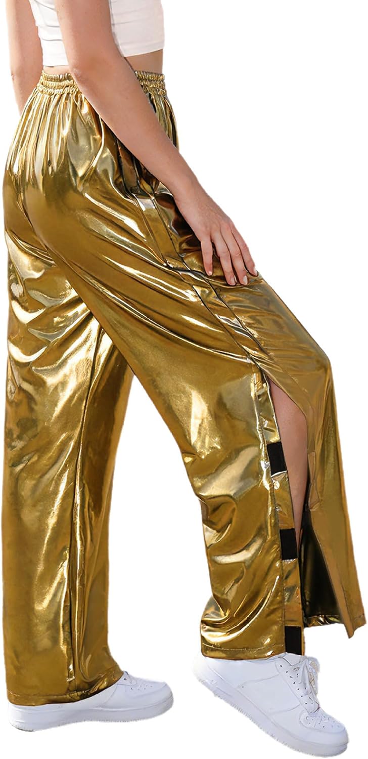 Women Jazz Hip Hop Dance Pants Shiny Metallic Side Split Pants Street Dance Performance Costume