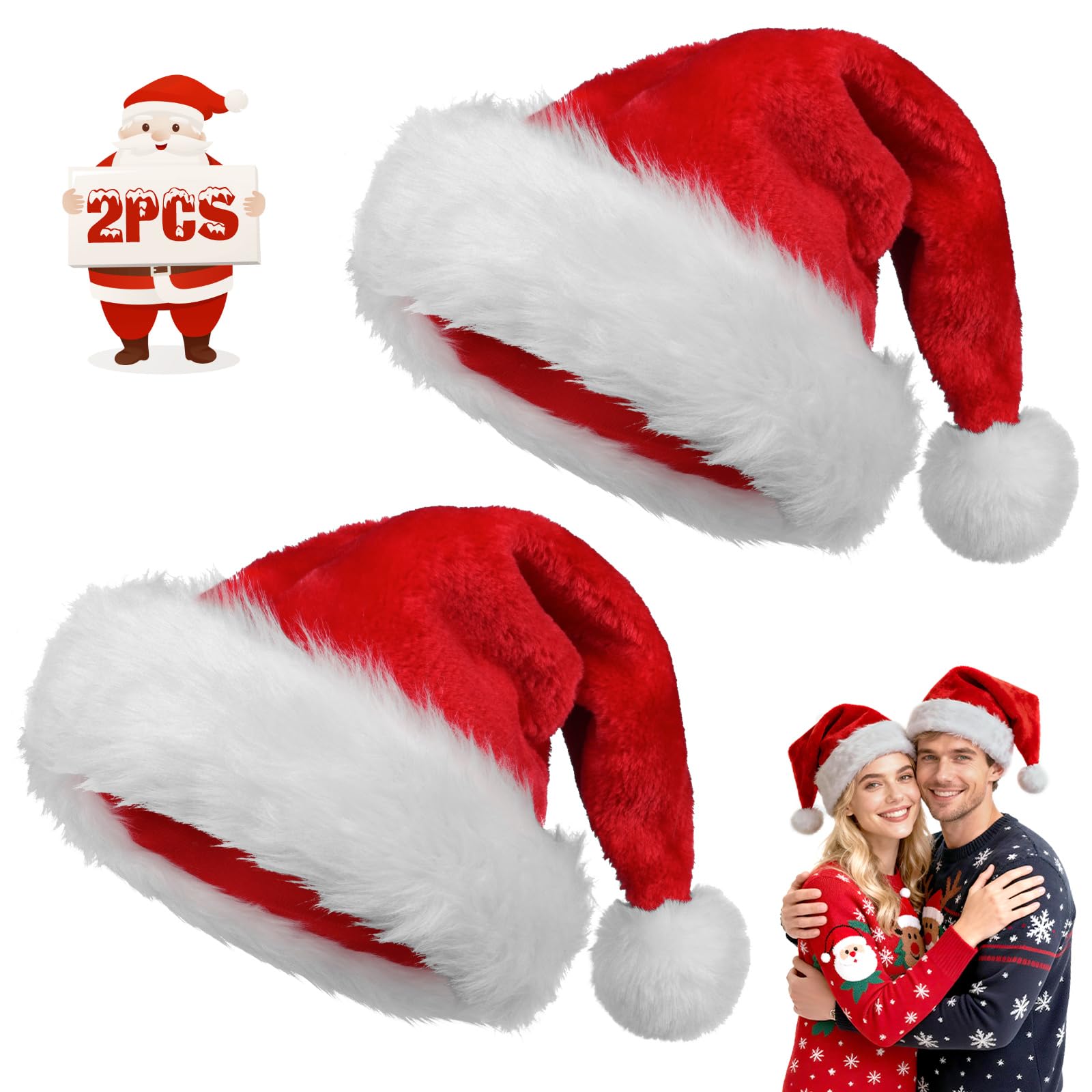 Czyan 2 Pack Santa Hat for Adults, Classic Stretchable Velvet Christmas Hats with White Fluffy Pom Pom and Brim