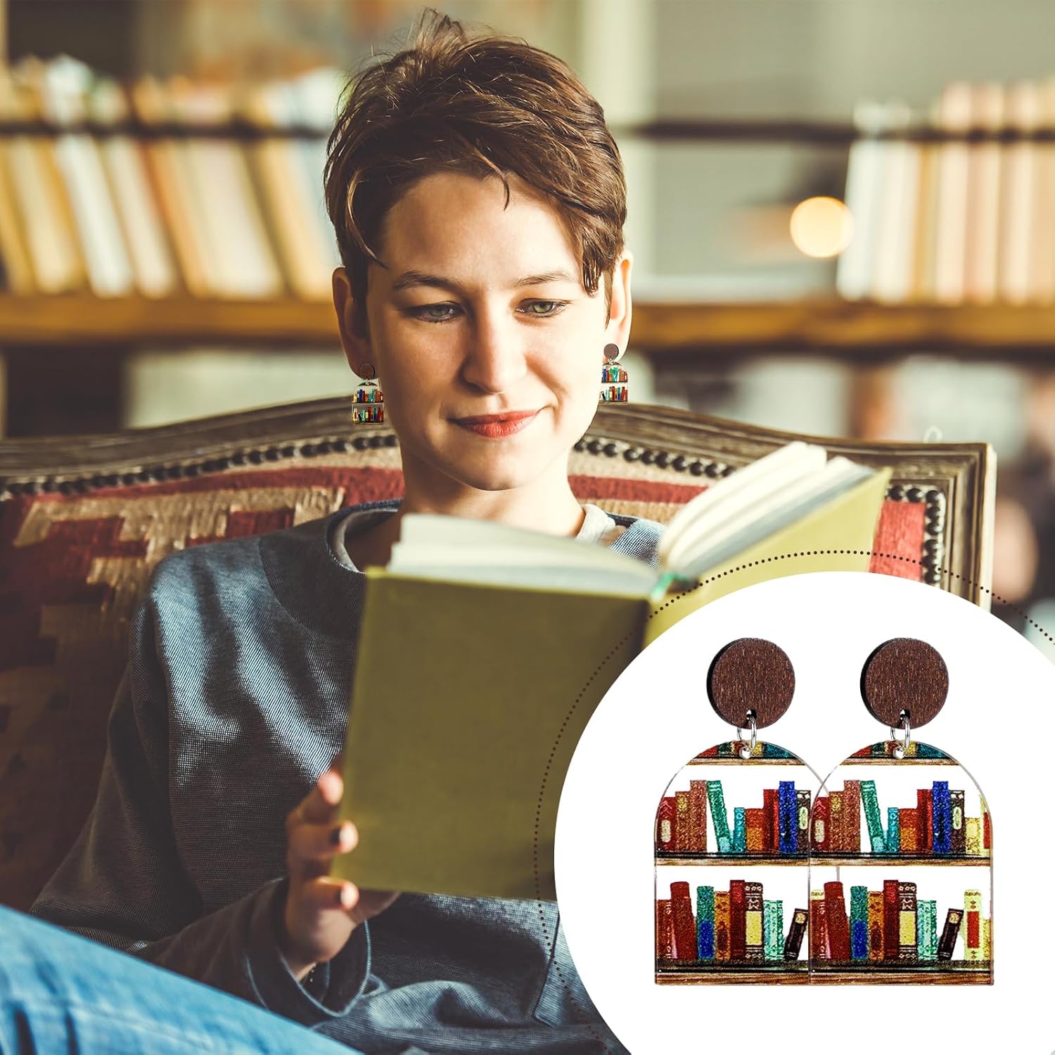 6 Pairs Valentine Teacher Earrings Gift for Women Bookcase Book Earrings Acrylic Teacher Accessories Library Funny Cat Earring for Book Lovers Gifts - Image 7