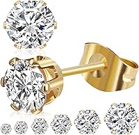 CLVJQ 6 Pairs Hypoallergenic Cubic Zirconia Stud Earrings for Women, 3-8mm Stainless Steel Set in 14K Gold/Silver, Flat Back for Sensitive Ears