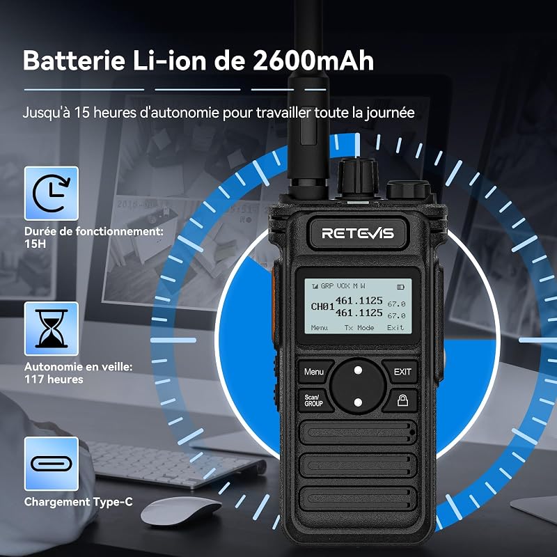 Set 2 stații radio emisie-recepție Retevis RT86S cu cască, rază lungă de acțiune, ecran LCD, baterie 2600 mAh, încărcare USB-C, apel de grup, negru