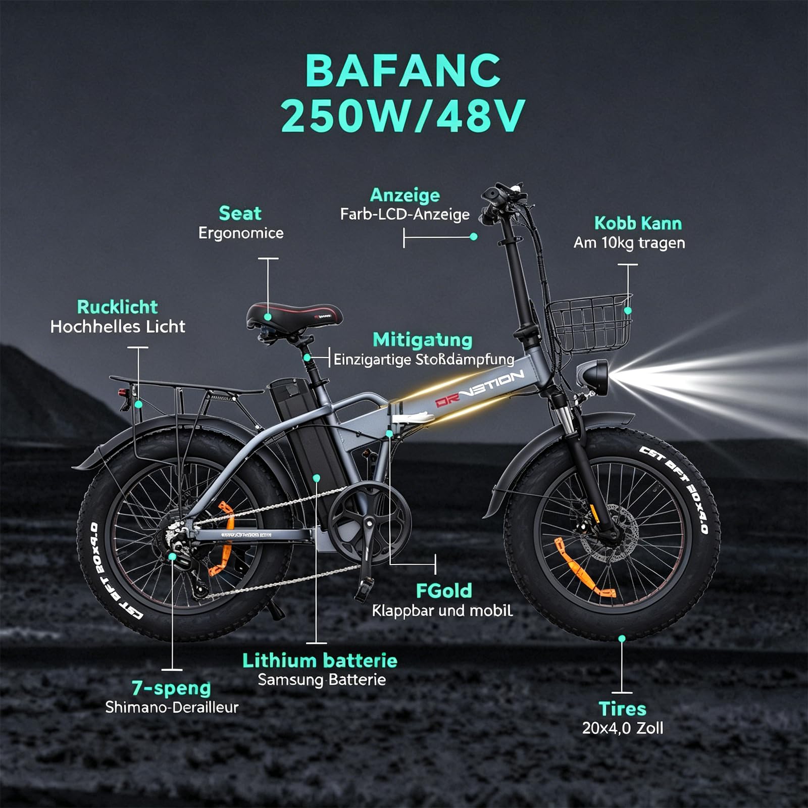 Bicicleta eléctrica plegable ligera de 20 pulgadas, batería extraíble de 48 V, 20 Ah, 15 Ah, 25 km/h, 250 W, 100 NM, alcance de 100 – 130 km, Shimano7Gang (gris, 48 V15 AH)