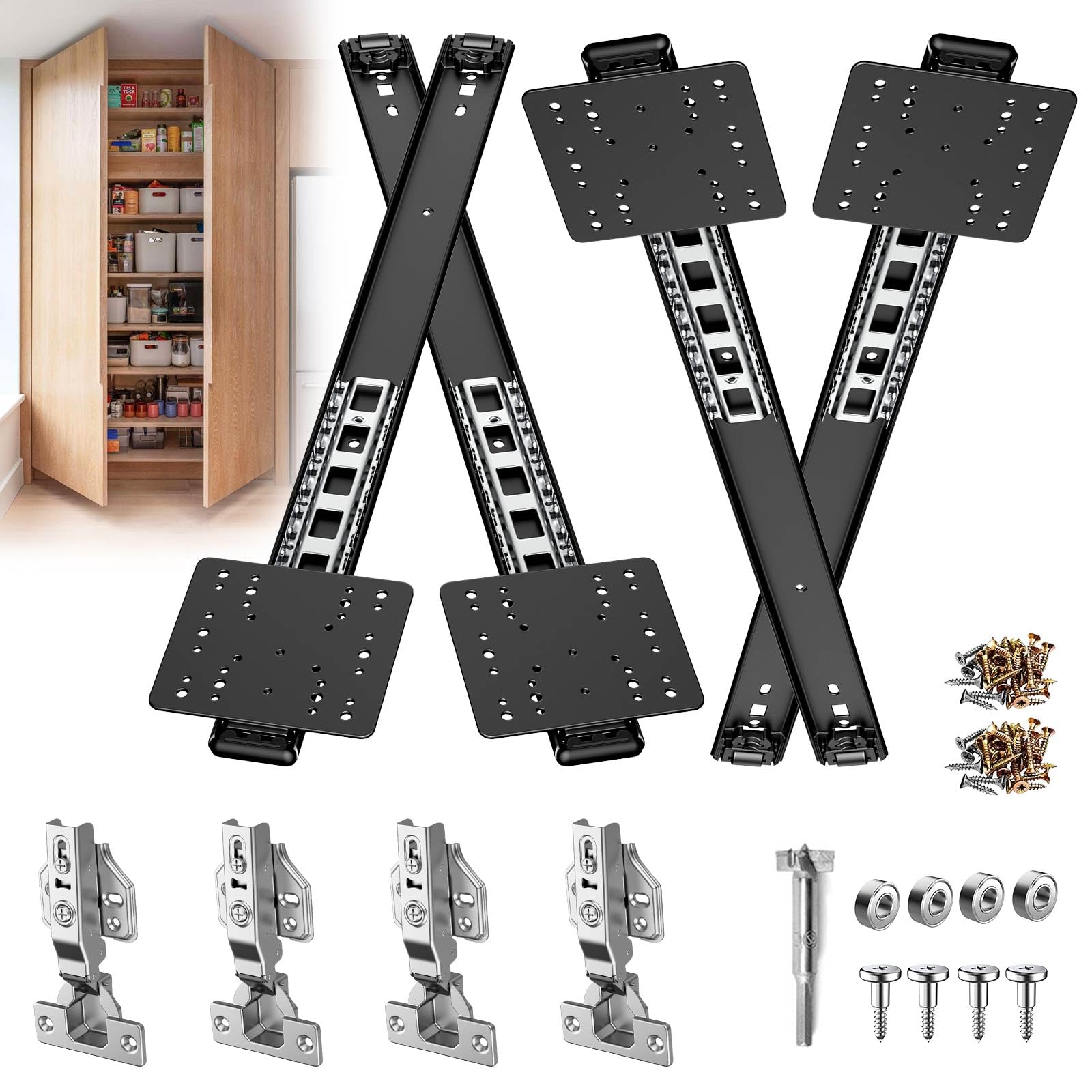 Sliding Hidden Door Track, Pocket Door Hardware, Smooth Gliding Pocket Slides with Hinges for Cabinet and Recessed Doors (Black, 18inch-2set)