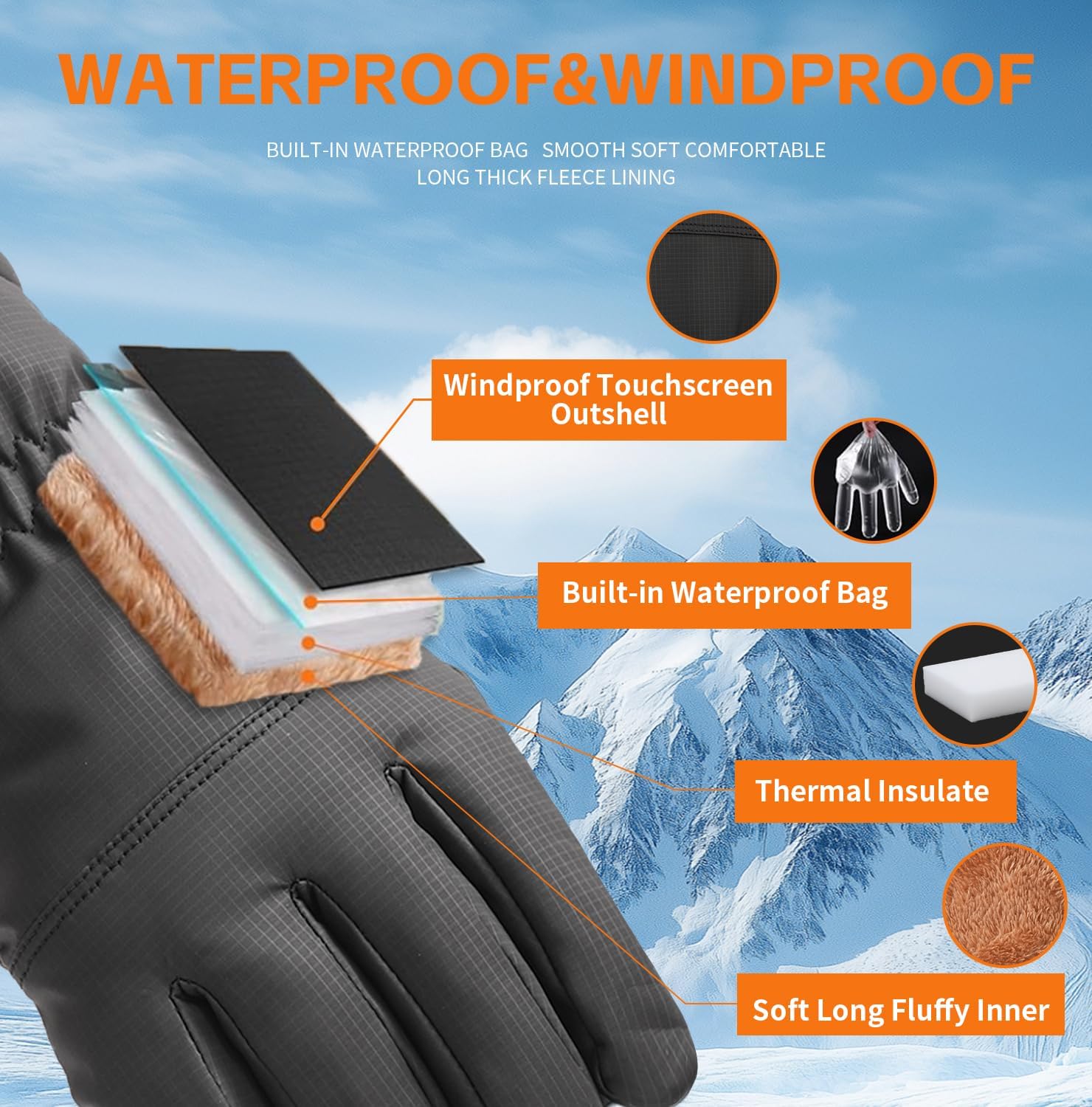 Waterproof Winter Gloves for Men Warm Ant-slip Touchscreen Ski Snow Cycling Running Cold Weather Long Fleece Lining - Image 3