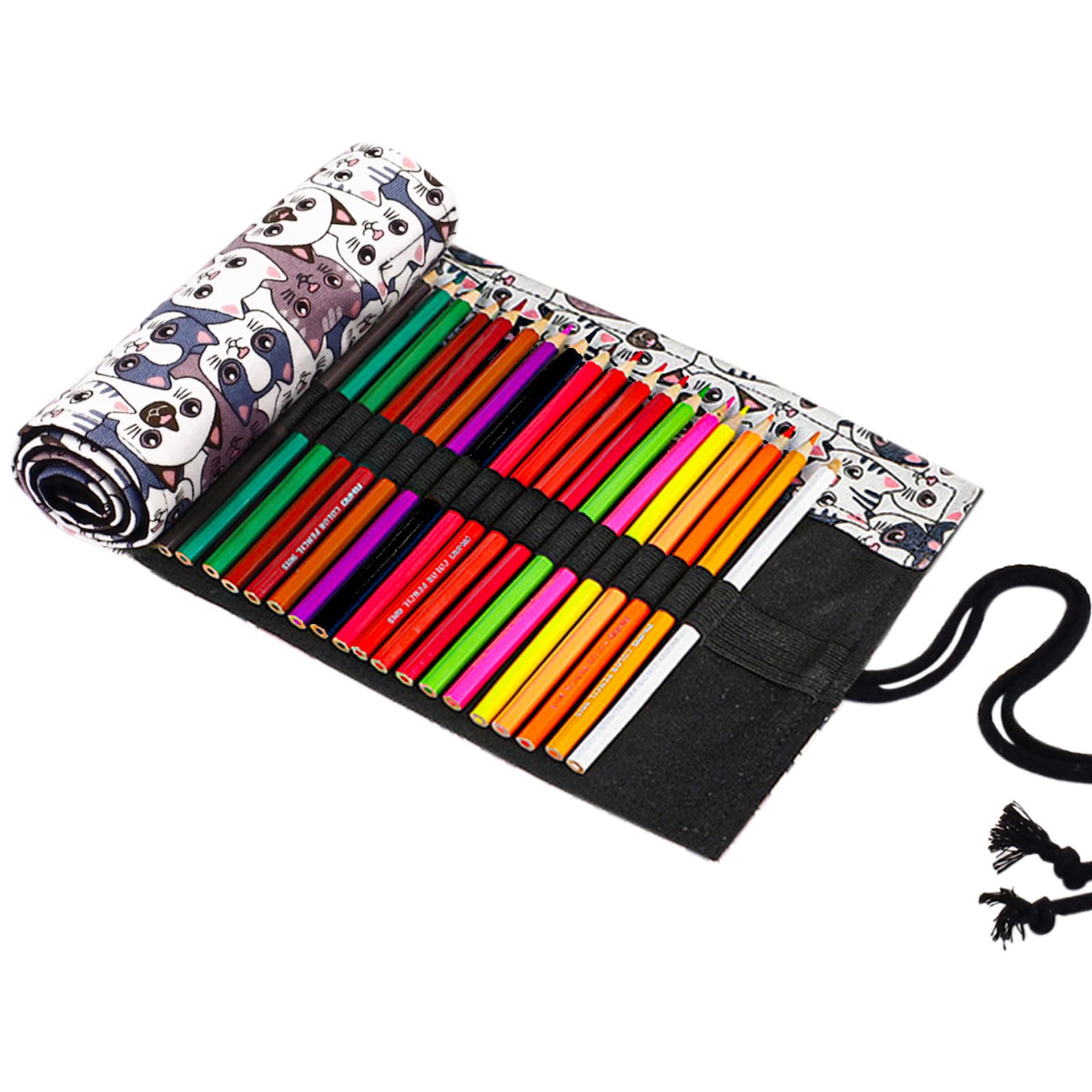 Yitexin 72 Slot Colored Pencil Roll Up Case, Color Pencil Wrap Roll Up Pen Case, Canvas Rolling Pencil Holder Paint Brush Pouch Organizer for Drawing Coloring Sketching Artist Supplies (72 Slot Cat)