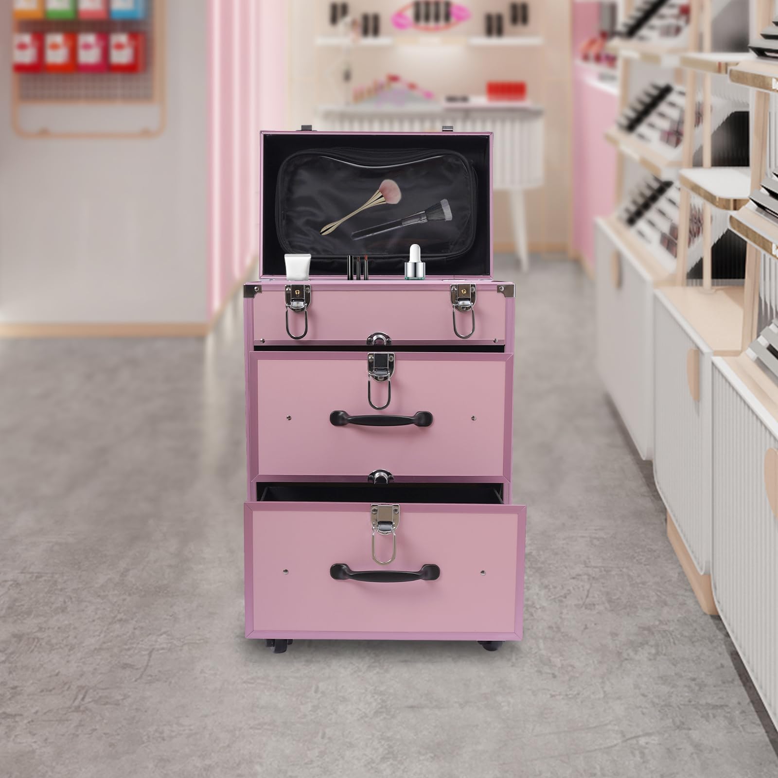 Rollkoffer Kosmetikkoffer Schminkkoffer Friseurkoffer Make-up-Organizer Pink Aluminiumlegierungsrahmen Universalräder