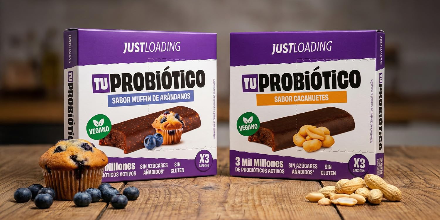 JustLoading Barrita con Probióticos Arándano | Sin Gluten·Lactosa | 42x35g | Con probióticos activos, equilibra flora intestinal. Energía sostenida sin pesadez. Proteína vegetal, fibra. Sin azúcares.