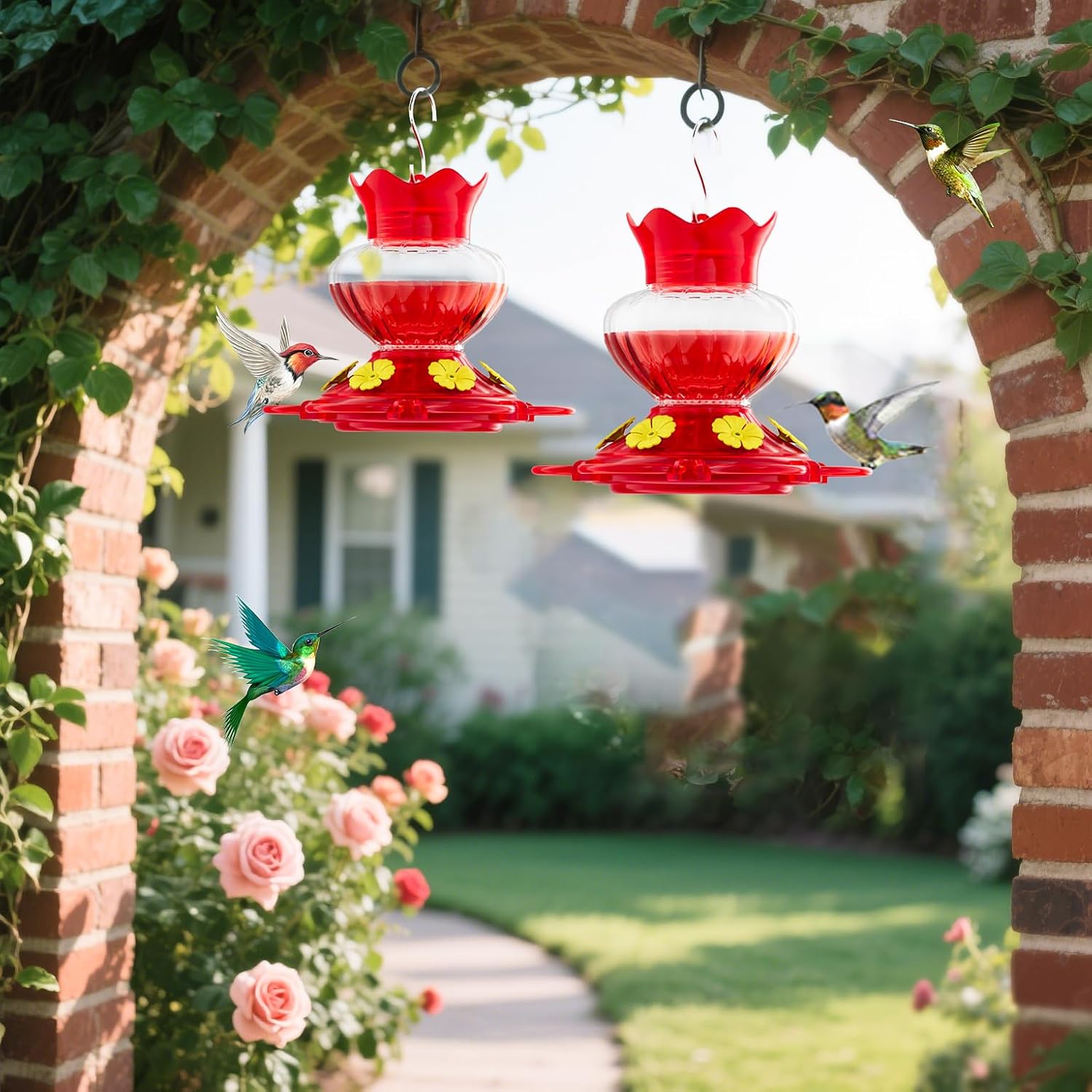 Plastic Hummingbird Feeders for Outdoors Hanging, 2 Pack 13 Ounces Ant and Bee Proof Small Hummingbird Feeders with 6 Feeding Ports and Perches for Outside Garden Décor - Image 4