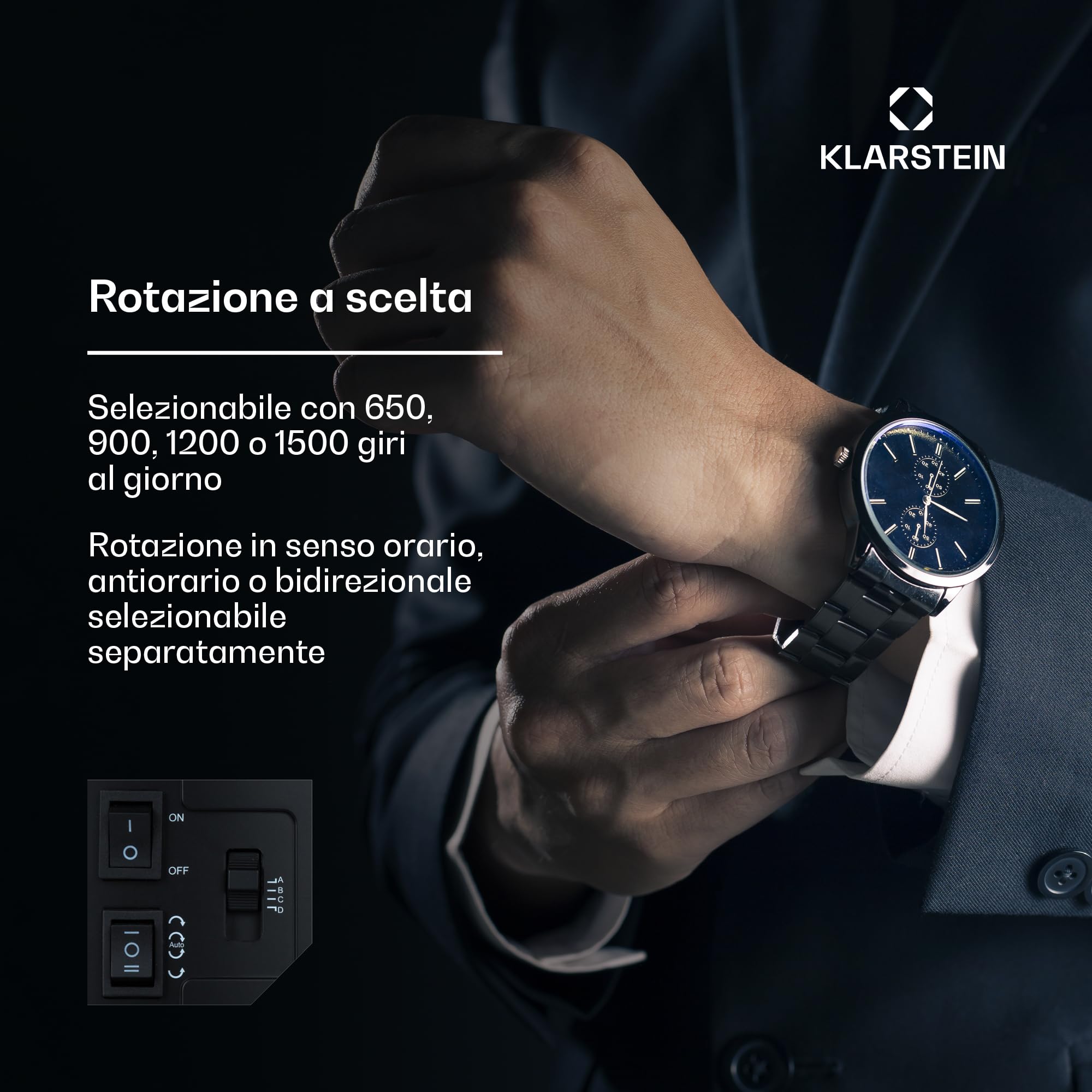 KLARSTEIN St. Gallen Premium - Scatola del Tempo, Watch Winder, Carica Orologi Automatici, Capacità: 2 Orologi, 4 Velocità, Funzionamento Senso Orario, LED, Nero
