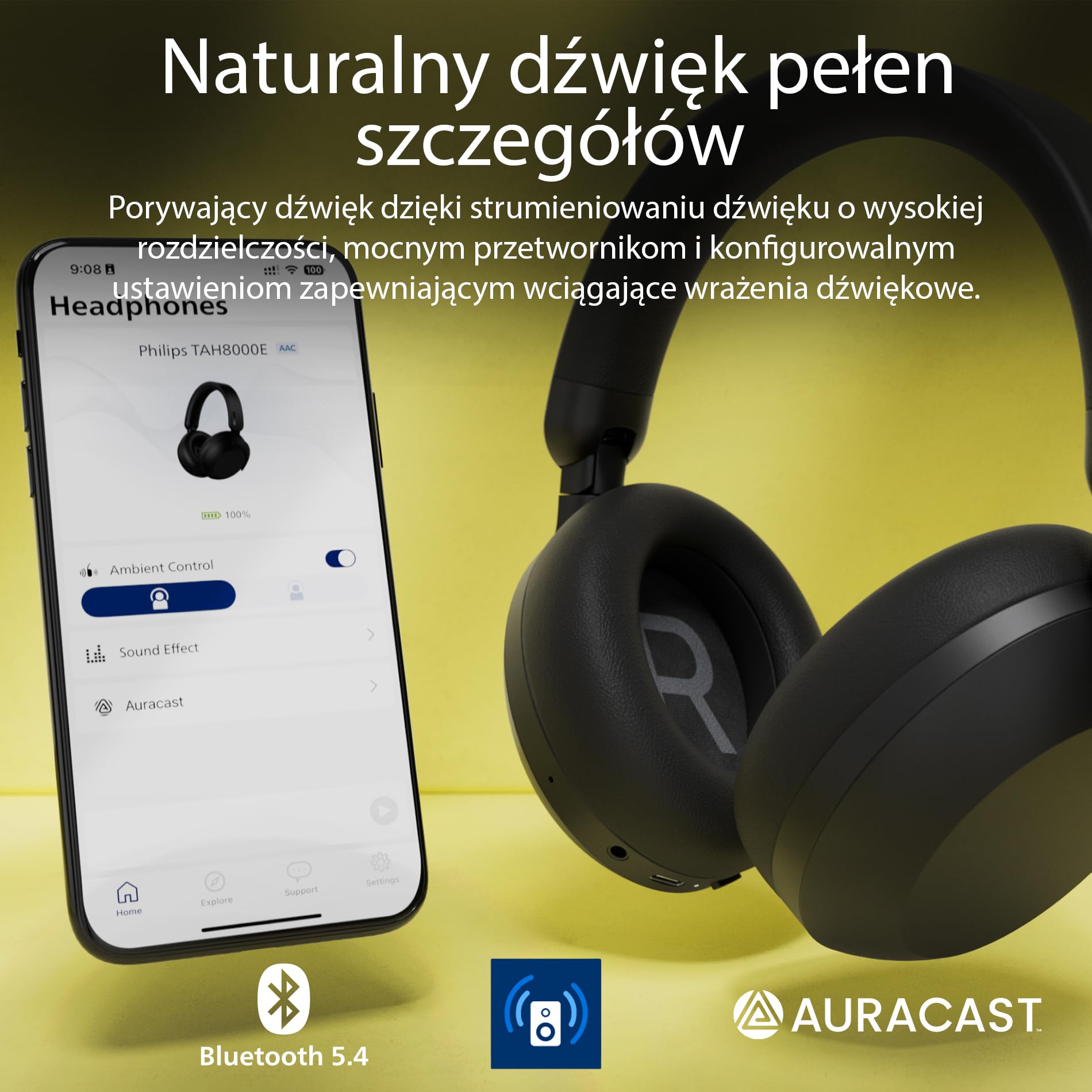 Philips TAH8000EBK/00 Bezprzewodowe słuchawki nauszne Bluetooth, redukcja szumów, czas odtwarzania 70 godzin, kompatybilne z asystentem głosowym, idealne do podróży, czarne