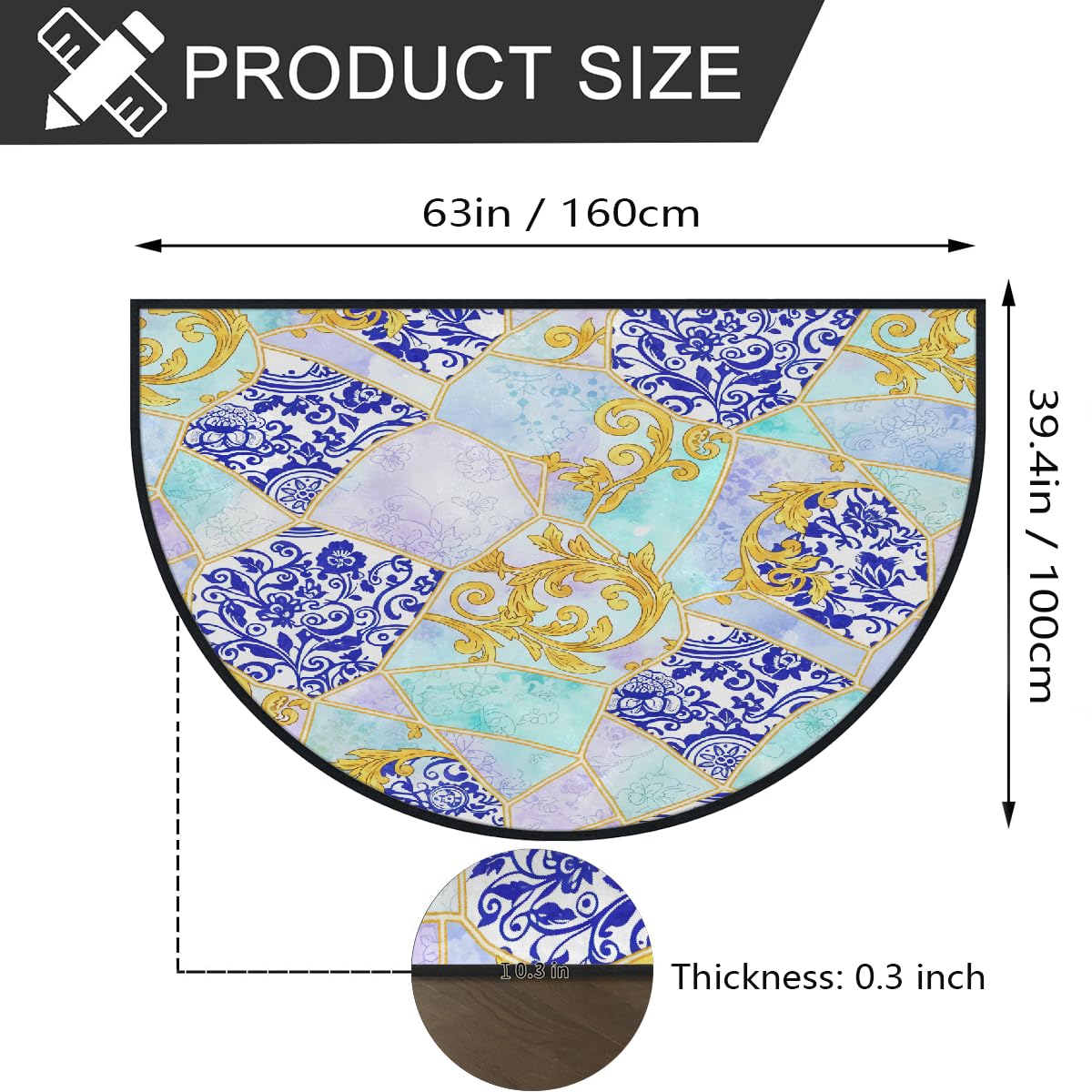 Kintsugi große halbrunde Fußmatte – blau-weißes Porzellan, waschbar, rutschfest, halbrund, Eingangsbereich, Teppich, niedlich, weich, halbrund, saugfähig, Teppich für Küche, Badezimmer