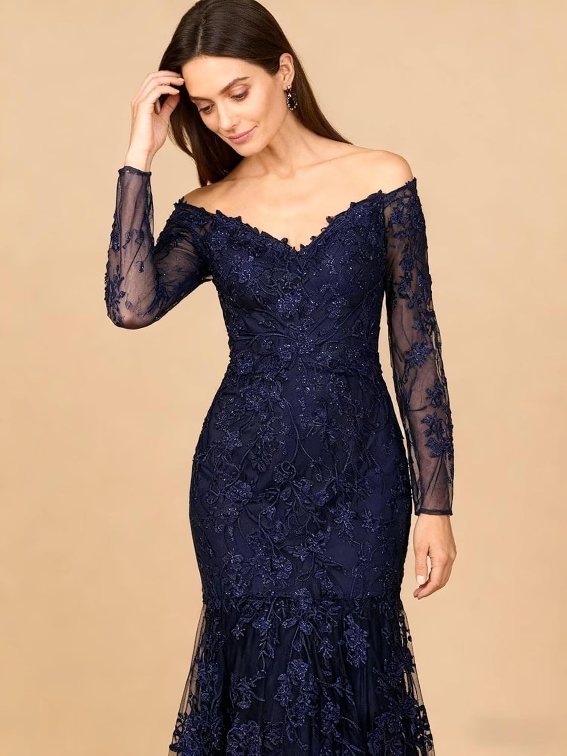 Laces Mermaid Mother of The Bride Dresses for Women 2026 V Neck Long Sleeves Off Shoulder Formal Wedding Guest Dress - Image 3