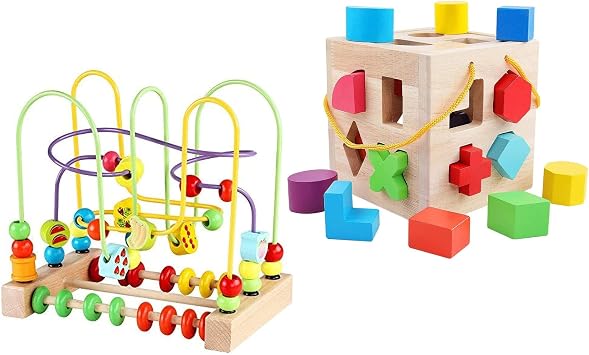 QZMTOY Wooden Shape Sorter19pcs Blocks and Fruits Bead Maze with Abacus for Toddlers
