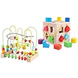 QZMTOY Wooden Shape Sorter（19pcs Blocks） and Fruits Bead Maze with Abacus for Toddlers