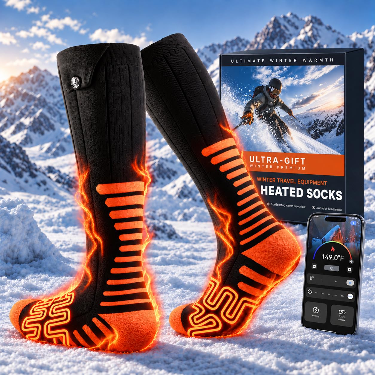 VIWKO Beheizbare Socken mit App Steuerung,  Heizsocken für Damen & Herren | Beheizte Socken mit 3-stufige Einstellung & 12 Stunden Akkulaufzeit, 2×4000mAh Wärmesocken für Die Jagd und den Skisport