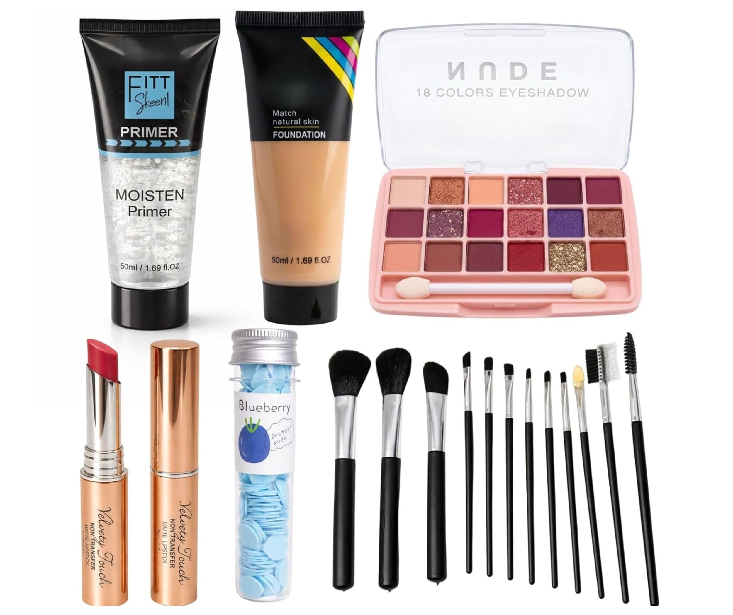Complete Mega Makeup Combo Kit for Women - Hydrating Face Primer (50ml), Liquid Foundation (50ml), 18-Color Nude Eyeshadow Palette, 2-Pack Non-Transfer Matte Lipsticks, 11-Piece Professional Brush Set & Portable Blueberry Paper Soap Tube | Full Professional Bridal Vanity Box Set-image-39
