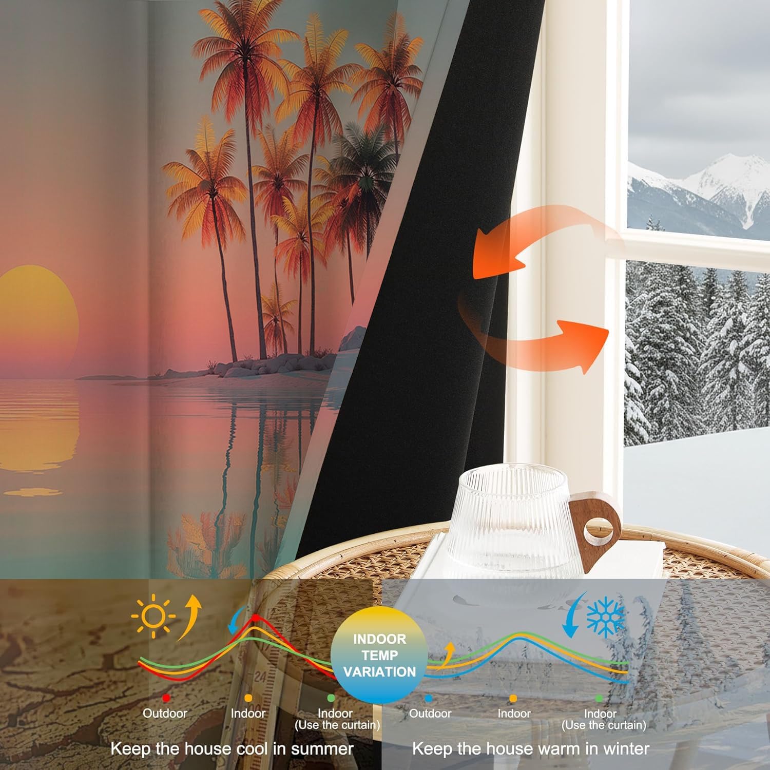 140L X 240H cm Rideau Occultant Palmiers De Plage, Lot de 2 Rideaux Motif Paysage Insulaire, Rideau Moderne Thermique Isolant à Oeillets, Decoration Chambre Salon Fenetre