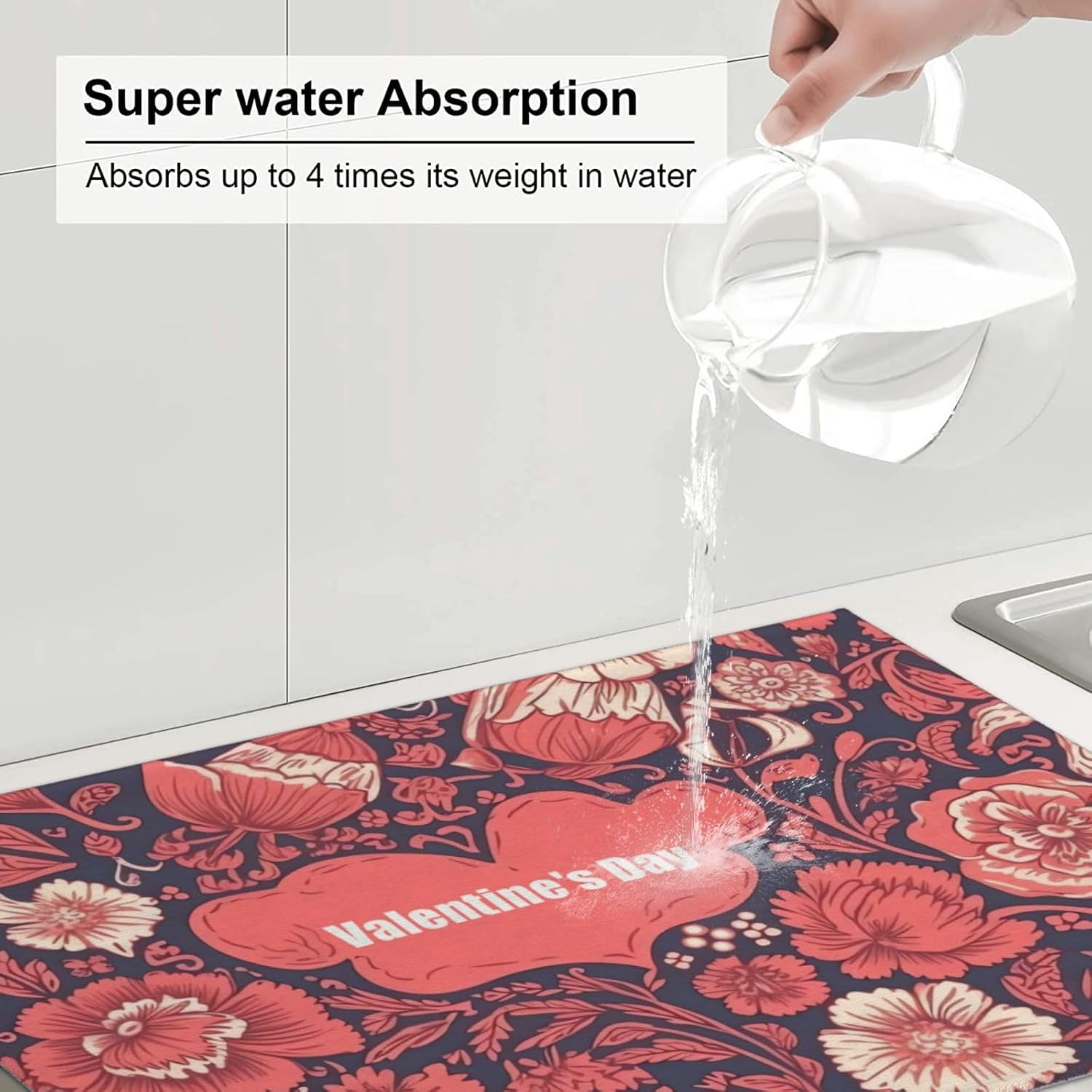 Floral Pattern Valentine'S Day Print Dish Drying Mat Microfiber Absorbent Nonslip Drying Pad 18 X 24 In Hanging Dishes Drainer Rack Mats For Kitchen Counter image 5
