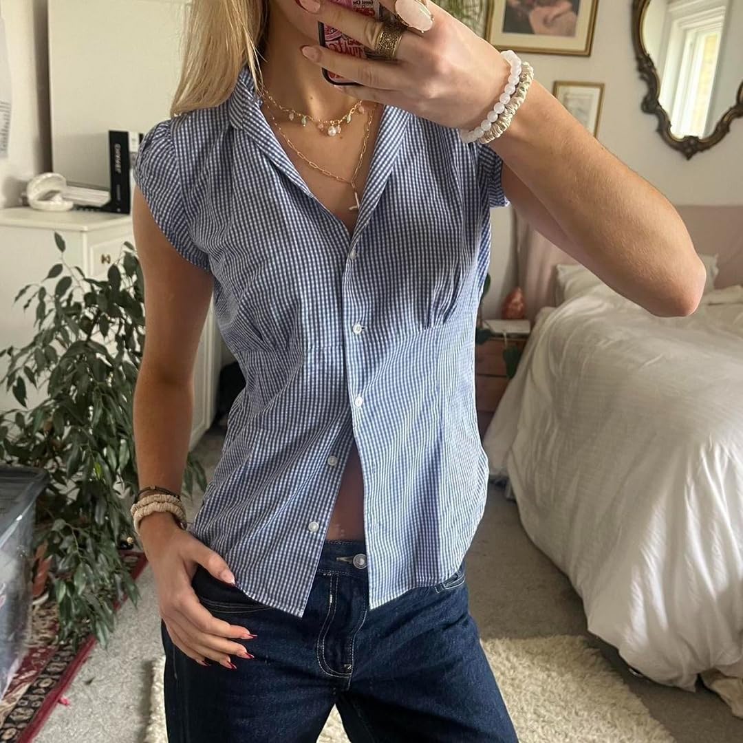 Women Y2k Plaid Button Up Shirt Cute Preppy Cap Sleeve V Neck Crop Top Coquette Babydoll Blouse Fitted Going Out Top - Image 3