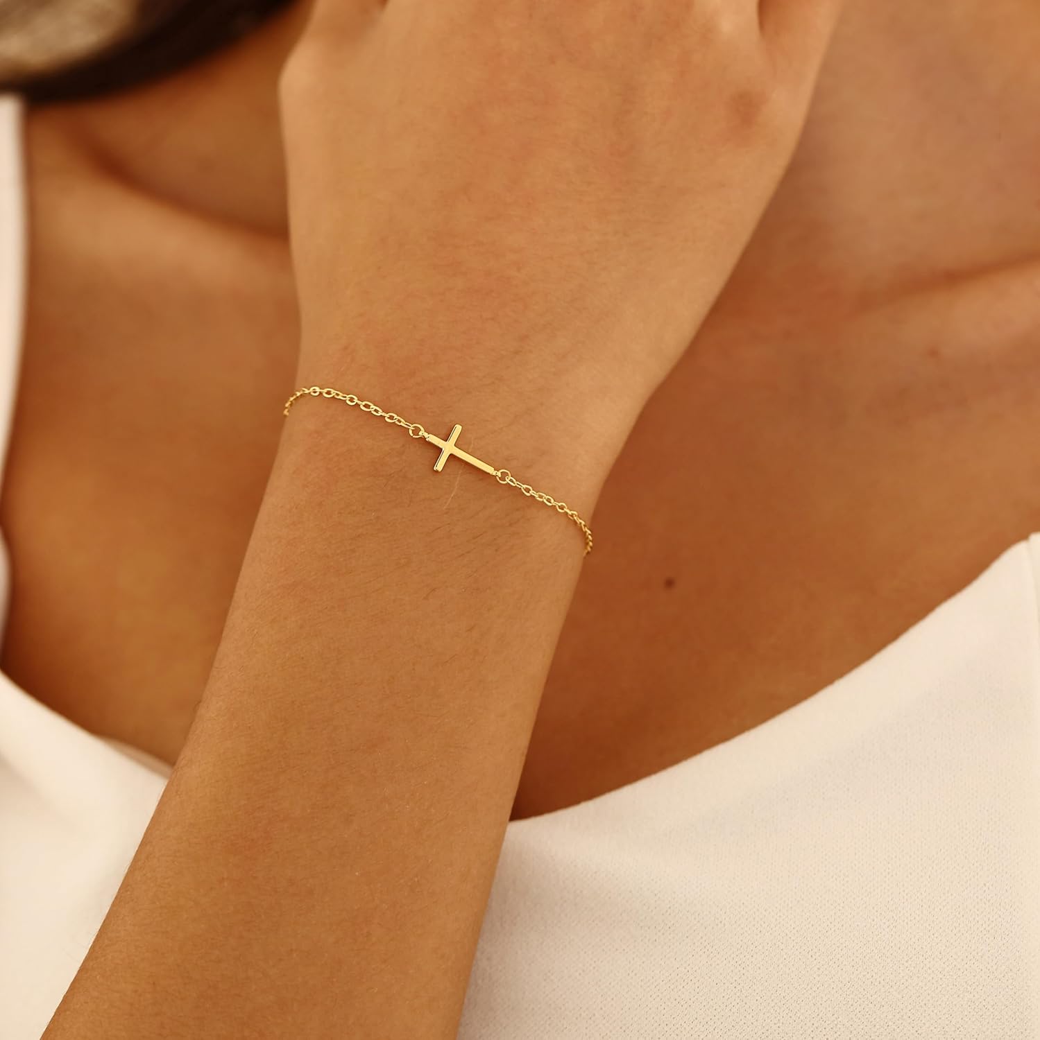 Gold Bracelets for Women,Dainty Gold Cross Bracelet 14K Gold Plated Beaded Bracelets for Women Trendy Bracelet Stack Pearl Bracelet Set Waterproof Chain Bracelet Gold Jewelry for Women Baptism Gifts - Image 2