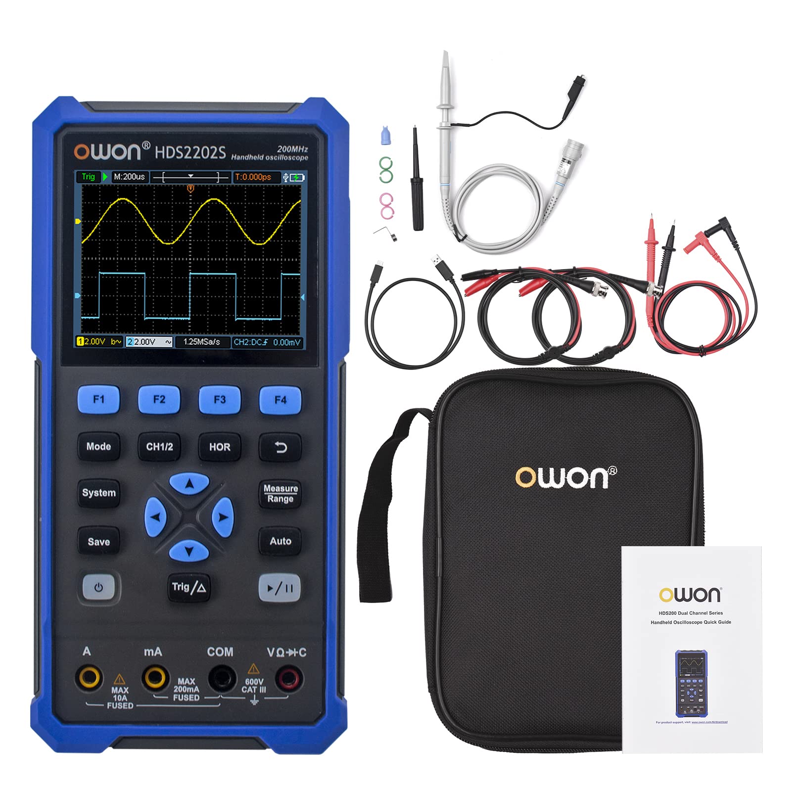 OWON HDS2202S 2-Kanal-Handoszilloskop 200 MHz Bandbreite 20000 Counts Multimeter OSC + DMM + Wellenformgenerator