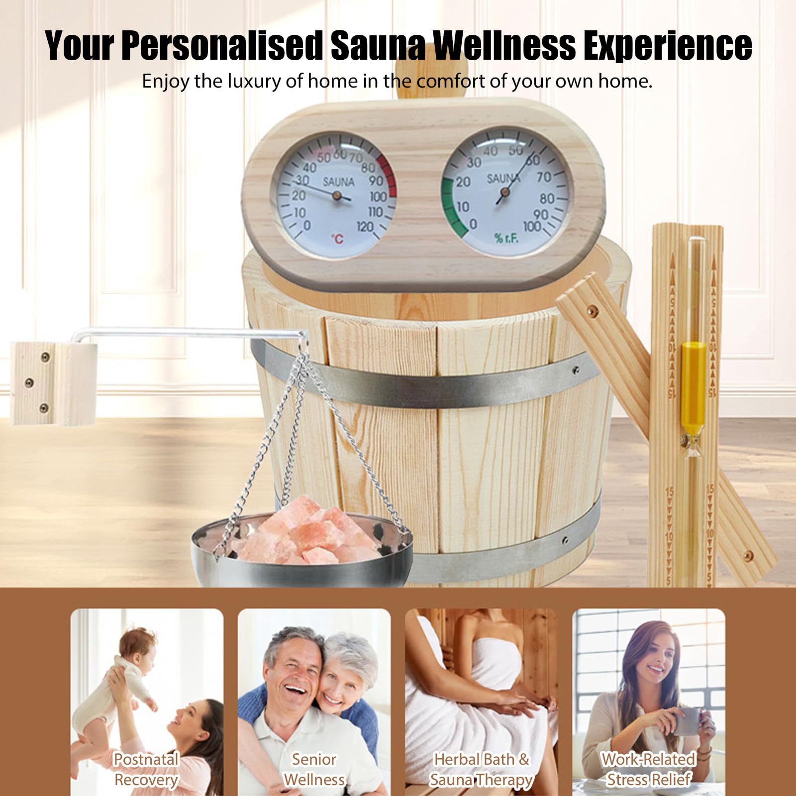 Cubo Sauna, Juego de Cubos de Sauna (5 litros), Cubo de Sauna con Paleta, Reloj de Arena, Termo Higrómetro, Cuenco Sauna, Incluye Inserto