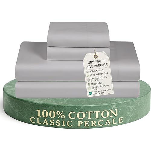 Feather & Stitch Softest 100% Cotton Sheets, 300 Thread Count Percale Weave Bedding, 16" Deep Pocket, Cooling Sheets, Breathable Bed Set, Hotel Premium Quality (Queen, Grey)