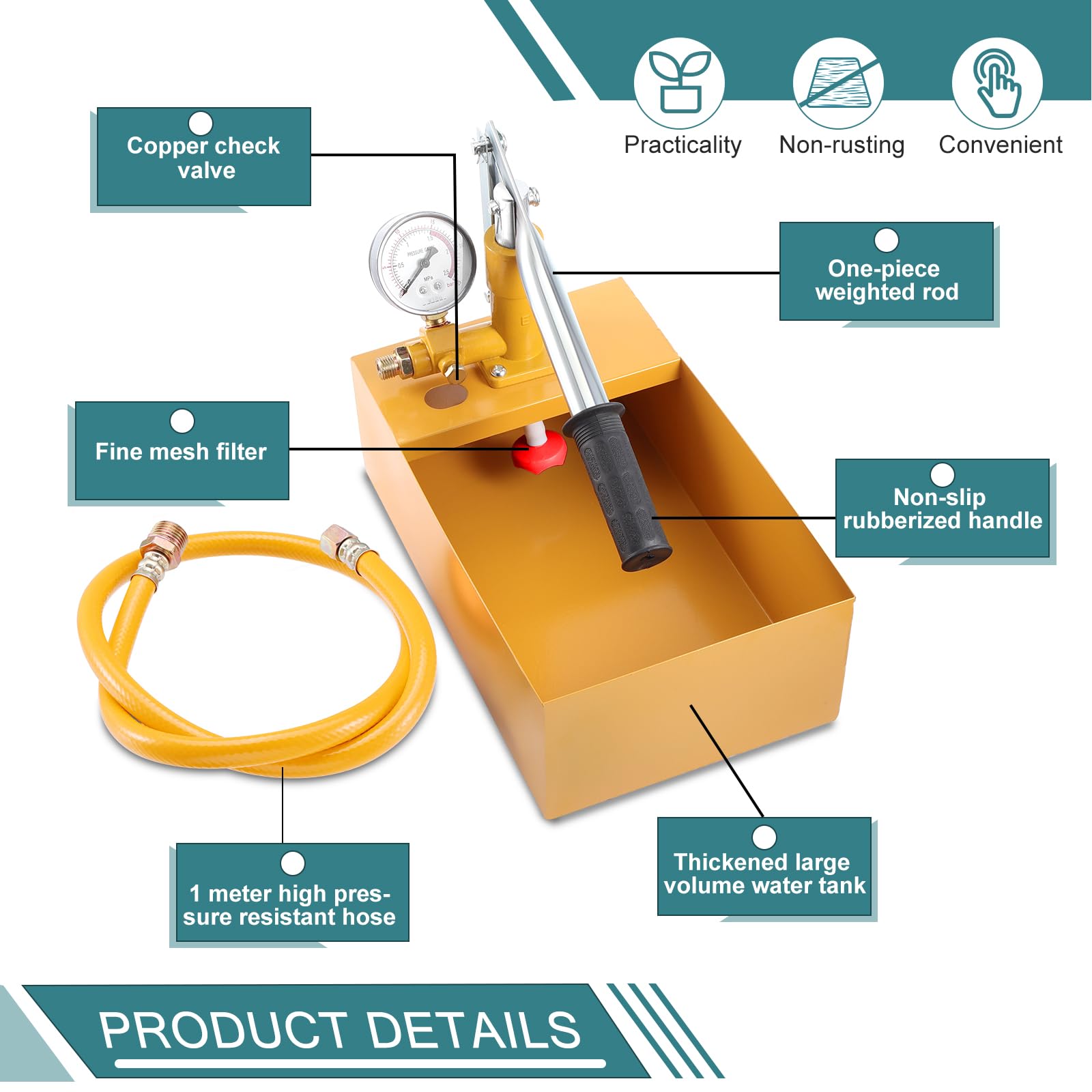 HSEAMALL Abdrückpumpe Prüfpumpe Testpumpe mit 1M G1/2 Druckschlauch Befüllpumpe,Druckprüfpumpe 25bar, 6 L Hydraulikdruckprüfpumpe Wasserdruckprüfer für Heizung Und Solar (Yellow, 6 L large volume)