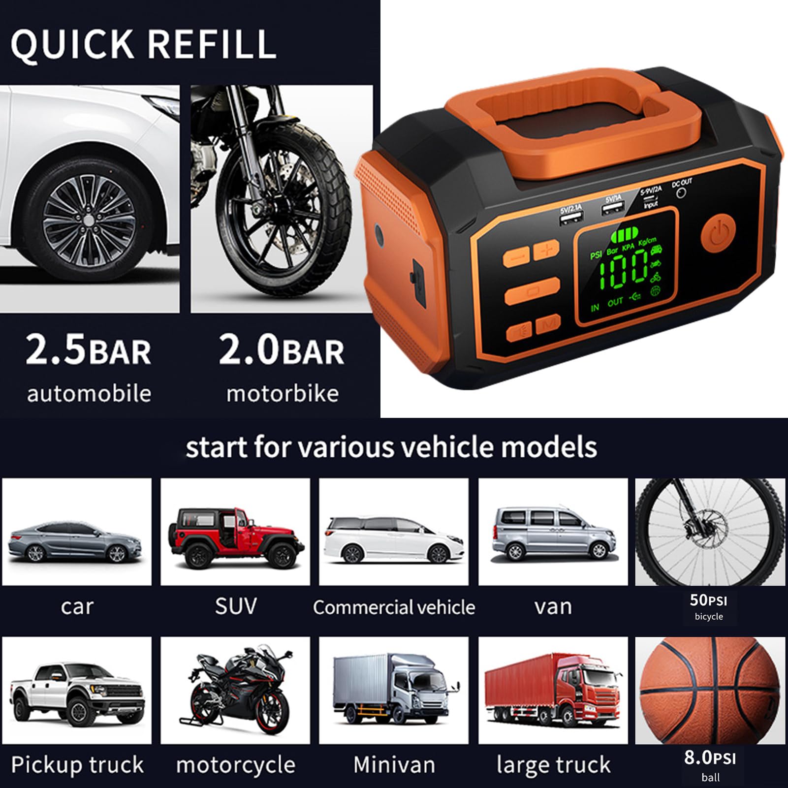 Inflador De Neumáticos Compresor De Aire Automotriz Con Luz LED | Bomba De Neumáticos Con Manómetro Digital Para Autocaravana Camping Bicicleta Motocicleta Vehículo SUV Camión Garaje En
